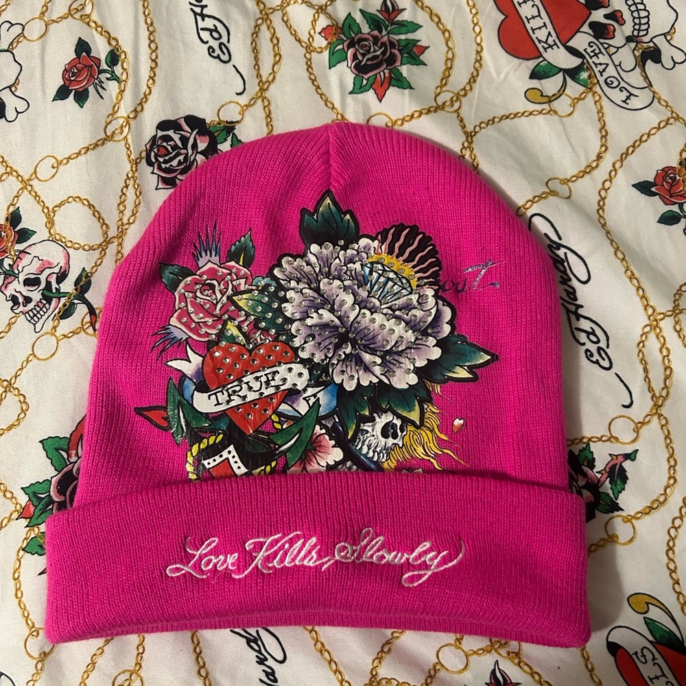Ed Hardy Hot Pink Beanie with Floral Tattoo Graphic